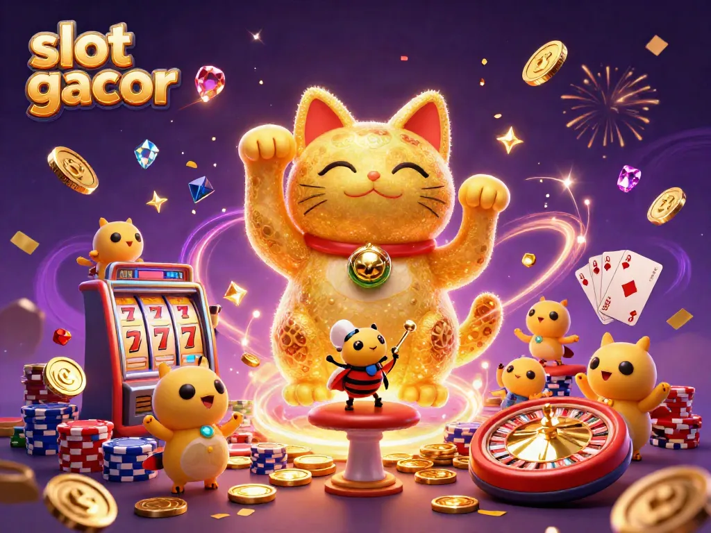 Experience slot gacor with a lucky cat and vibrant casino symbols in a lively 3D scene.