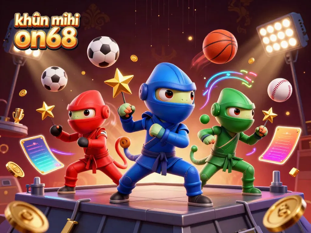 Engage in khuyến mãi on68 with a vibrant digital scene of ninjas, sports elements, and exciting casino visuals.