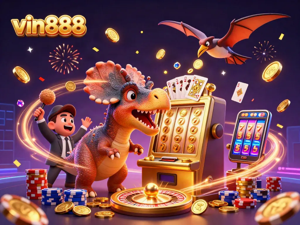 vin888 users delight in a dynamic 3D illustration capturing massive jackpot action with coins and excitement.