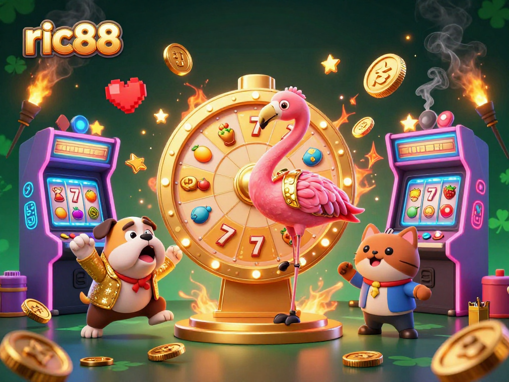 Experience excitement at ric88 with a 3D cartoon flamingo, bulldog, and cat surrounded by vibrant casino elements.