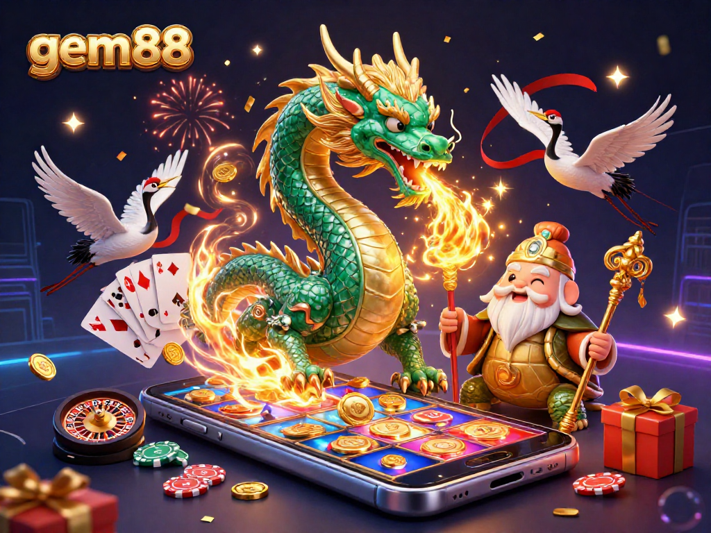 Spin and win at gem88 with vibrant 3D visuals featuring a jade dragon and lucky symbols.