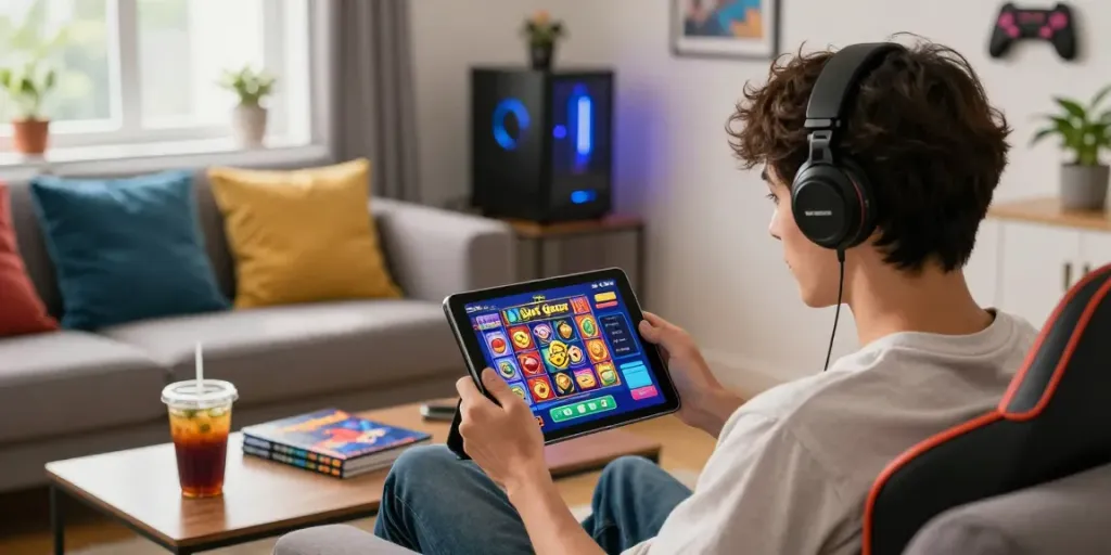 Engaging scene of a player enjoying Slot gacor on a tablet in a cozy gaming setup.