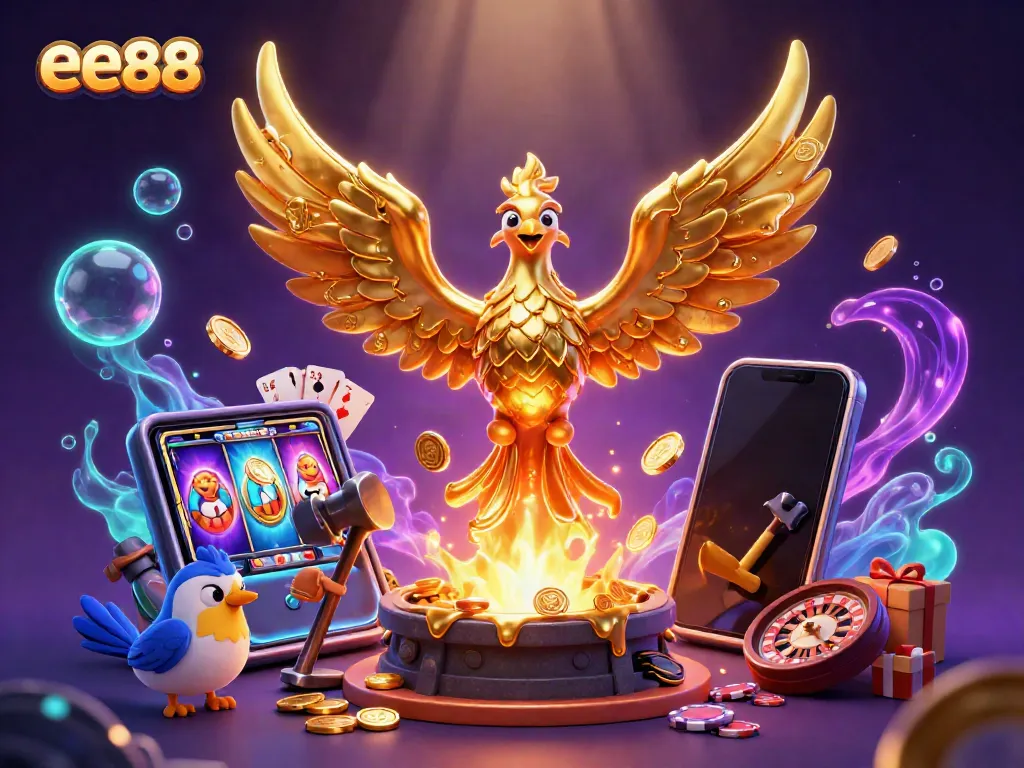 Experience the excitement of gambling with ee88 as molten gold emerges, surrounded by vibrant casino elements.