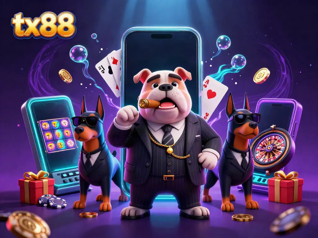 Experience the thrill of gambling with tx88's casino scene featuring a mafia bulldog surrounded by gaming elements.