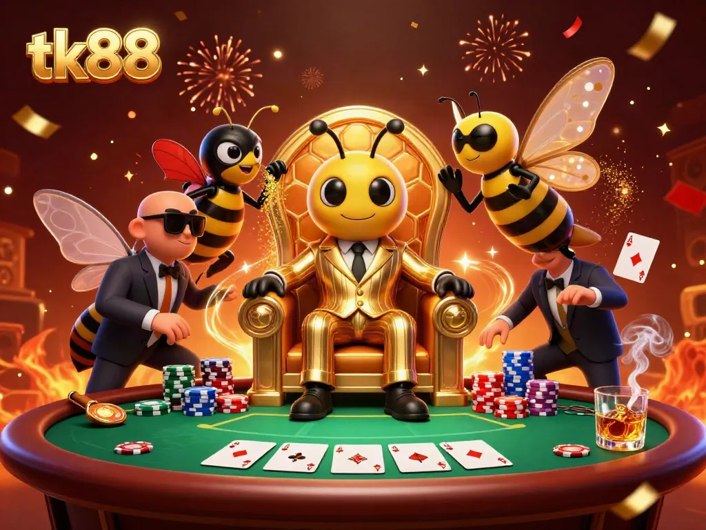 tk88 players engage in intense poker action, surrounded by vibrant gambling elements and festive effects