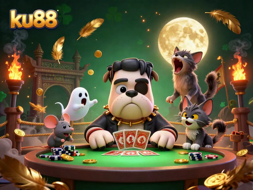Engage in thrilling betting activities at ku88, where a cartoon monster dealer and animated characters enhance the casino experience.