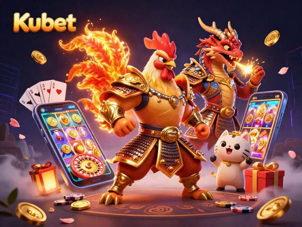 Kubet's vibrant scene showcasing gameplay excitement with a rooster warrior and an armored dragon.