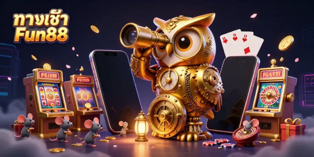Experience the excitement of ทางเข้า Fun88 with vibrant casino elements and charming characters.
