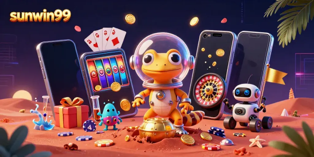 Engage with sunwin99 while a Martian gecko explores a golden casino on Mars.