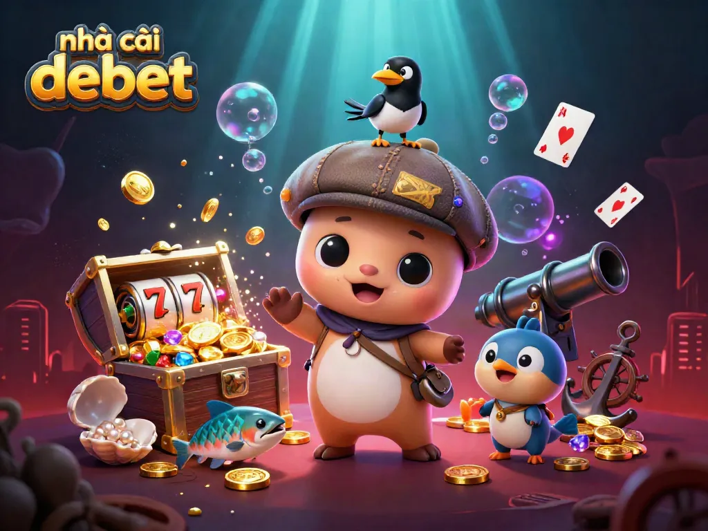 Engage with nhà cái debet as 3D cartoon characters gather around explosive treasures in a fun casino scene.