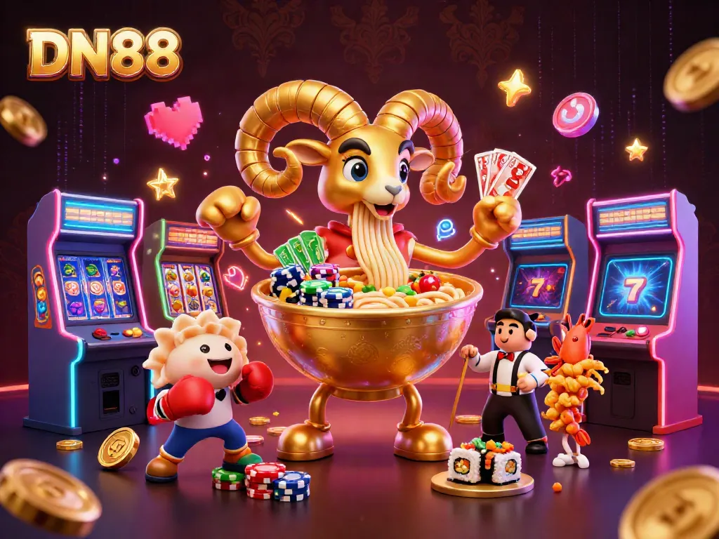 Experience DN88's vibrant casino atmosphere with a giant ramen bowl character dealing cards and colorful game elements.