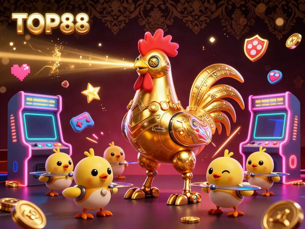 Experience excitement with TOP88's engaging 3D golden rooster robot gaming illustration.
