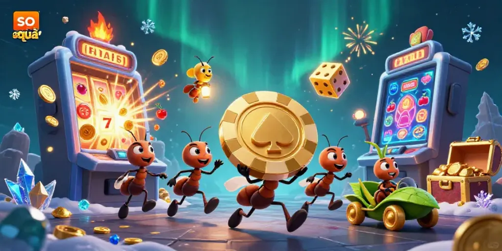 Engaging illustration of soi cầu with a 3D ant team carrying a giant poker chip and a slot machine explosion.