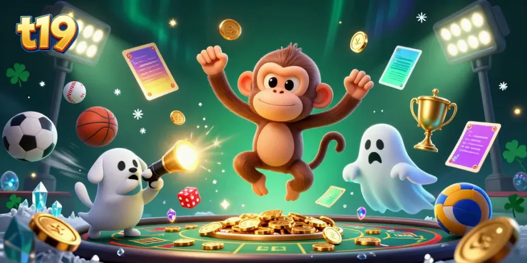 Engaging t19 gaming scene with a playful poltergeist monkey and a curious ghost-hunter puppy illuminating casino treasures.