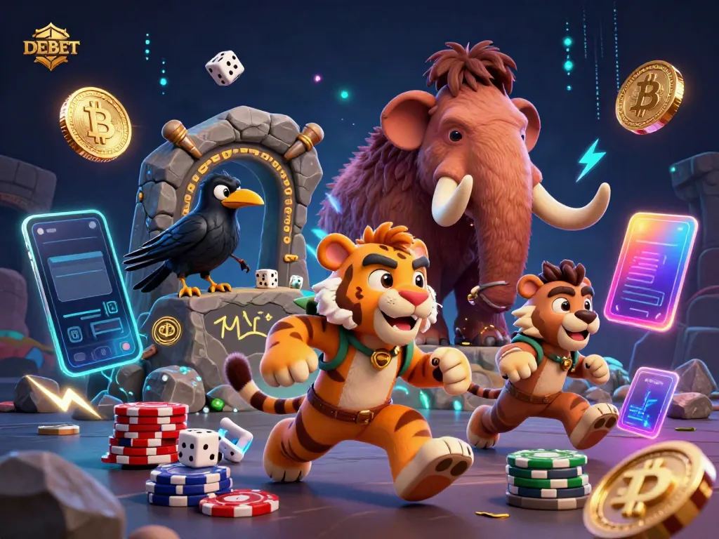 Engaging DEBET gaming scene featuring a caveman and sabertooth tiger in a prehistoric casino setup
