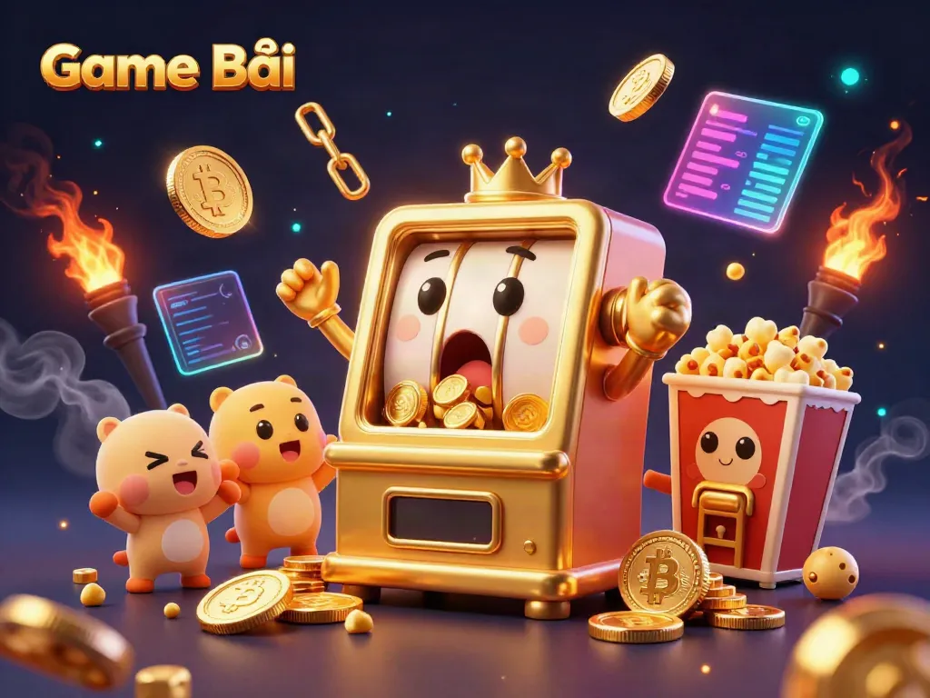 Game Bài slot machine celebrates a jackpot with coins pouring out in a colorful casino scene.