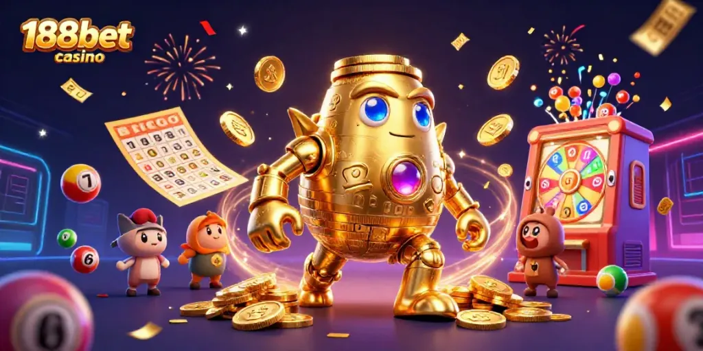 Experience thrilling gameplay at 188bet casino with a vibrant scene of games, golden golem, and dynamic lottery elements.