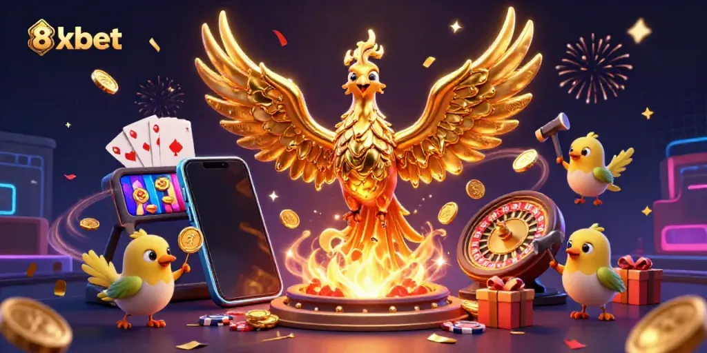 Join the excitement of 8xbet with a golden phoenix emerging, showcasing vibrant slot gameplay and winning chances.