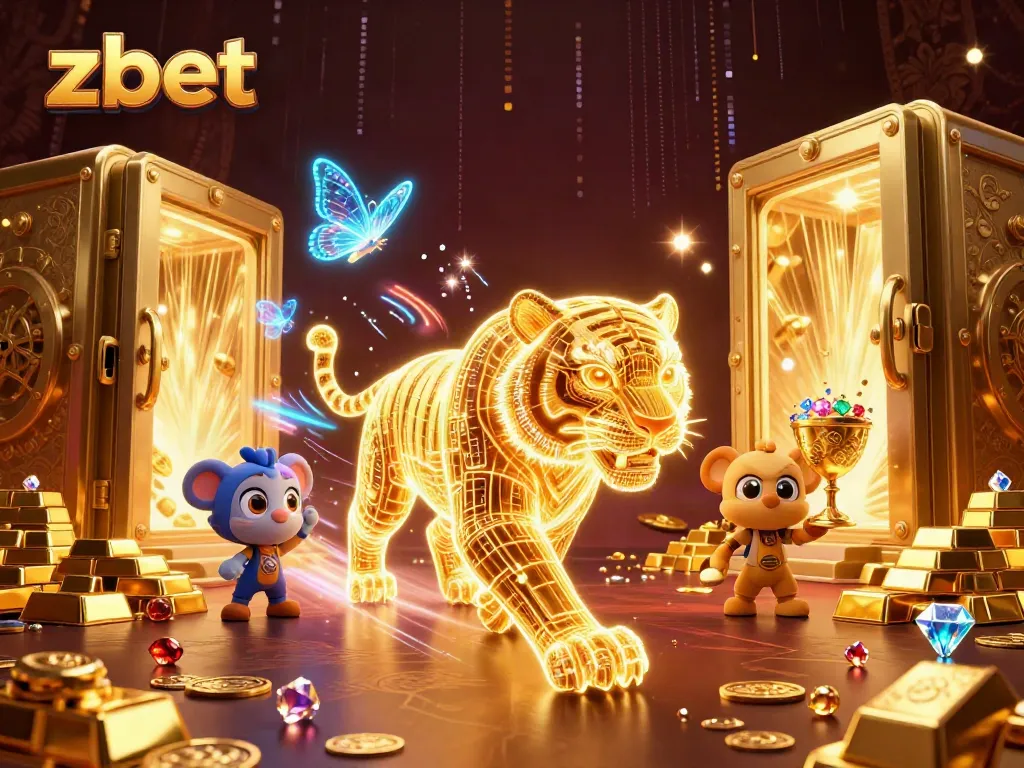 Engage in thrilling bets with zbet, highlighted by a neon golden tiger and treasure vaults.