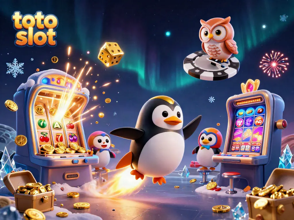 Experience thrilling toto slot action as a golden penguin rockets past a dazzling casino space station.