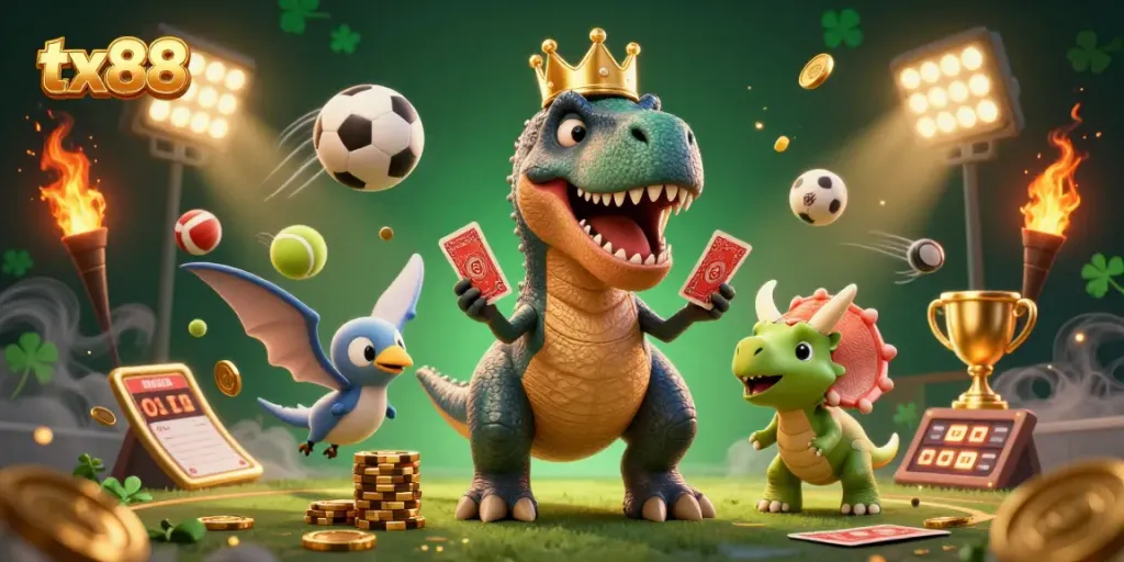 Experience thrilling gameplay at tx88 while watching a T-Rex shuffle cards amidst vibrant sports elements.