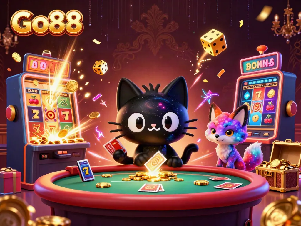 Engage with Go88, a thrilling cosmic casino featuring a charming black hole cat and colorful fox!