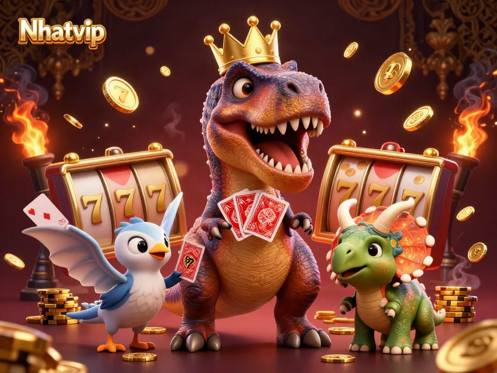Nhatvip casino scene featuring a T-Rex shuffling cards and dinosaur assistants stacking chips
