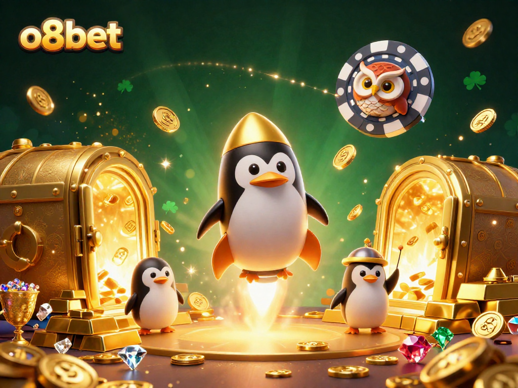 Experience the excitement of o8bet with a vibrant casino-themed illustration featuring dynamic characters and glimmering treasures.