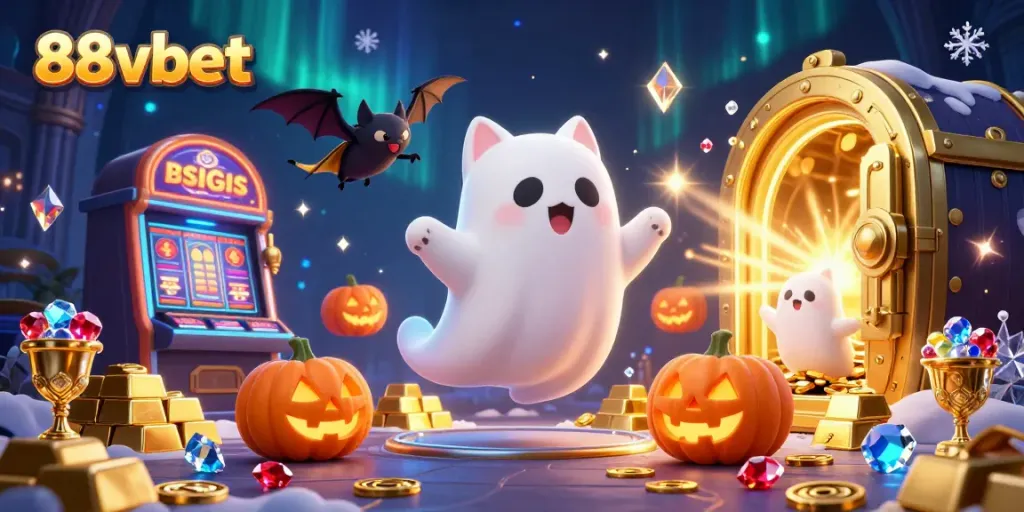 Experience the thrilling ambiance of 88vbet with a ghost cat and vampire bat in a haunted casino.
