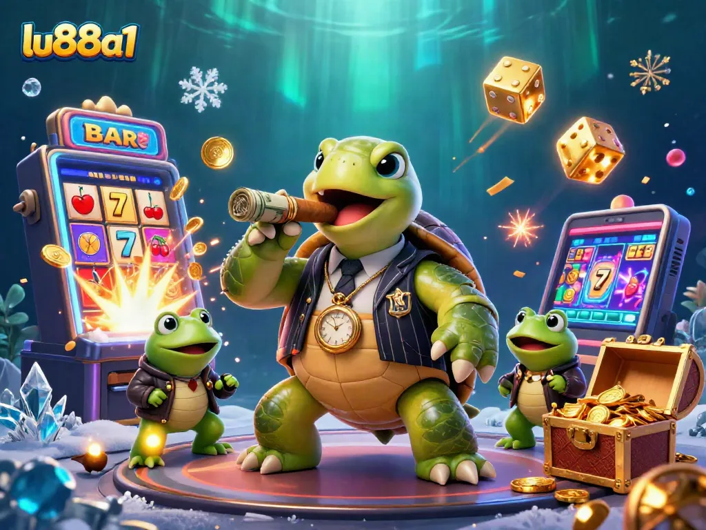 Experience thrilling gameplay at lu88a1 with a vibrant 3D casino illustration showcasing lively characters, dynamic slot machines, and jackpot excitement.