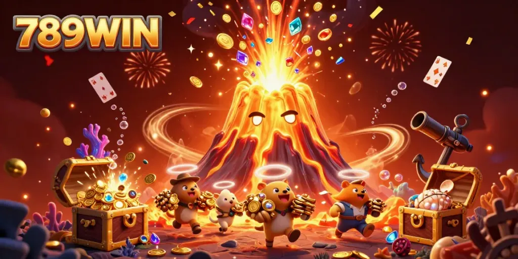 Experience the excitement of 789WIN with a dynamic casino scene featuring fantastic treasures and playful characters.