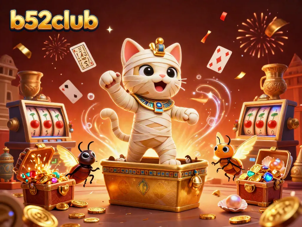 Experience thrilling gains at b52club with a dynamic scene of a mummy cat and treasures overflowing in a pyramid casino.