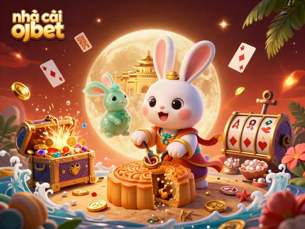 Experience the thrill of nhà cái oxbet with a vibrant casino-themed illustration featuring a moon rabbit and pivotal gaming elements.