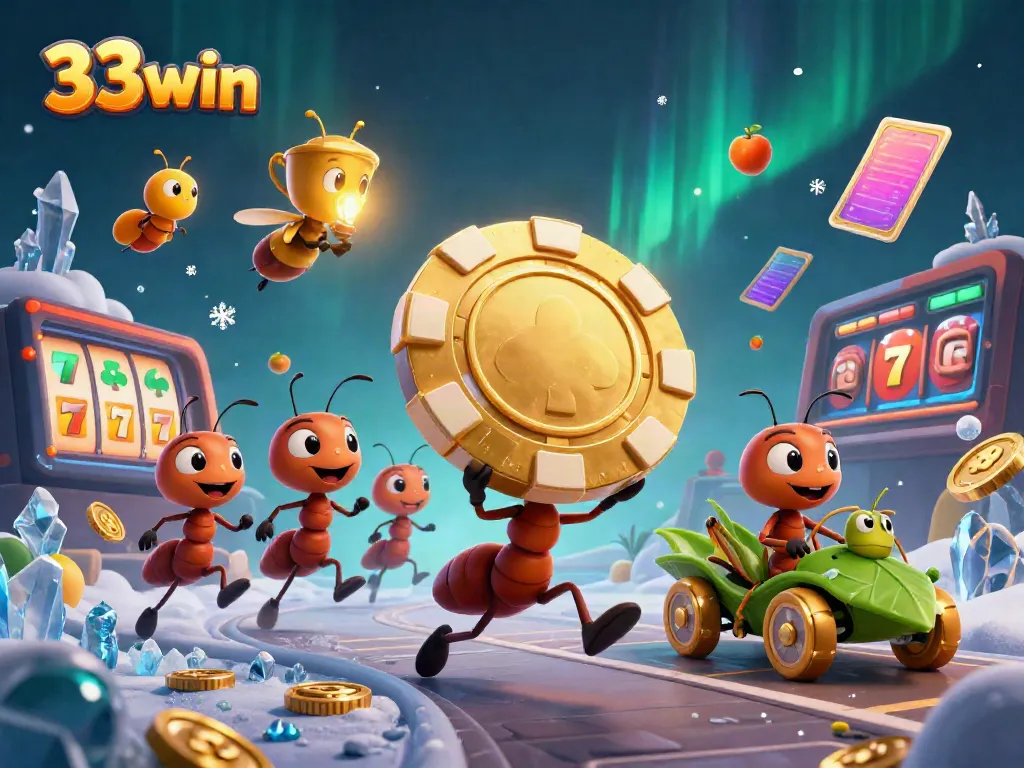 Visualize a thrilling 33win heist with ants carrying a giant poker chip in an exciting casino-themed adventure.