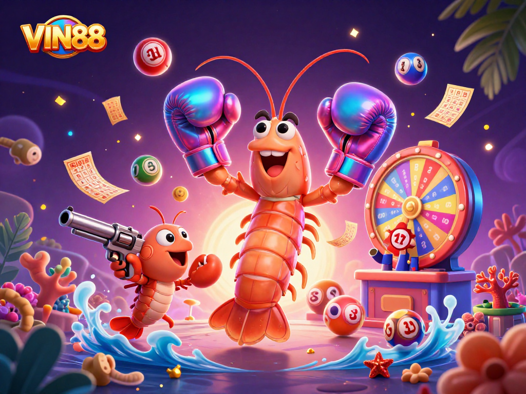 Experience VIN88's thrilling lottery excitement with vibrant characters and colorful game elements.