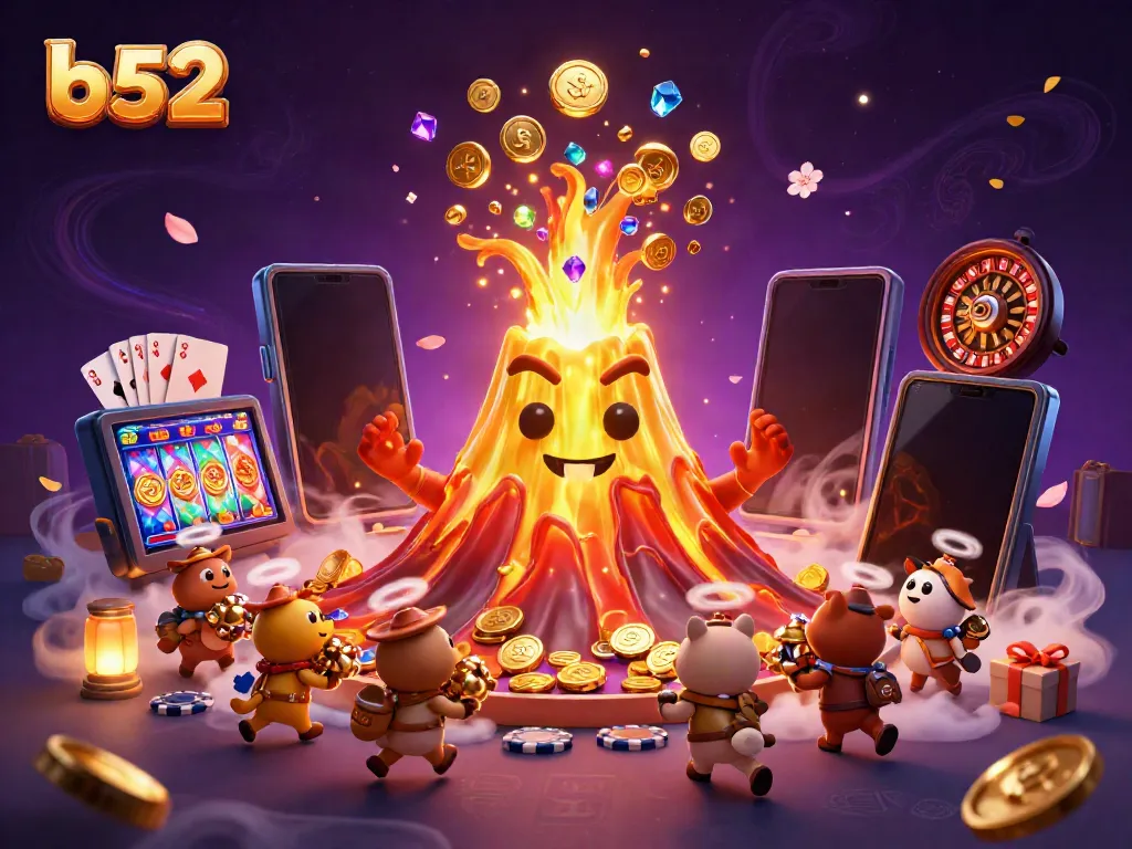 B52 gamers enjoying rich, vibrant casino atmosphere with golden coins and lively characters.