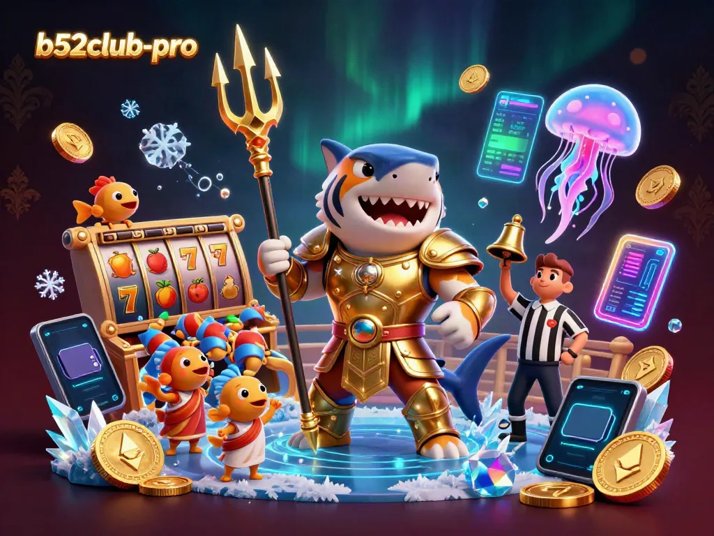 Engage with b52club-pro inspired slots featuring a golden gladiator shark amidst vibrant game elements.