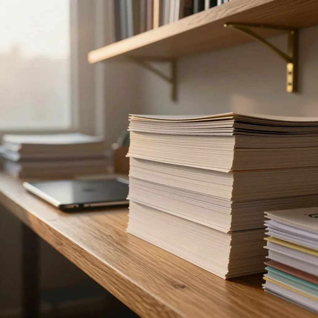 Detal studia edukacyjnego: stosy kursów, zeszyty powtórkowe i zamknięty tablet na dębowej ławie.