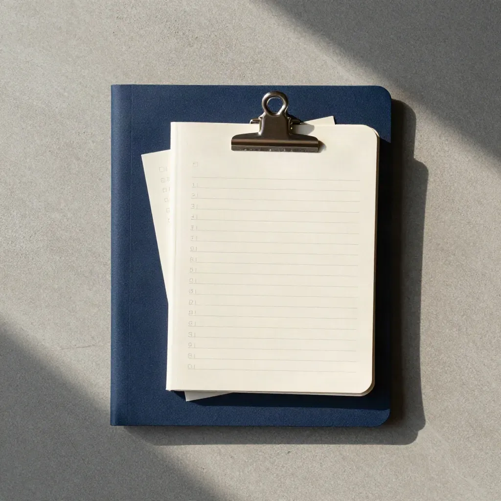 Rzut z góry: zamknięty folder, stos notesów i karta kontrolna na jasnym betonie.