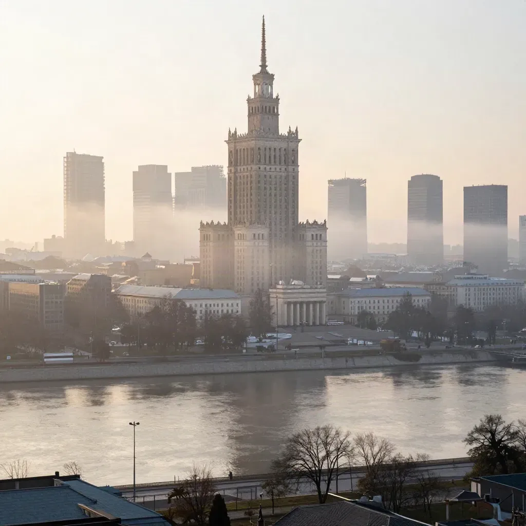 Panorama Warszawy z Pałacem Kultury nad zamglonym zakolem Wisły