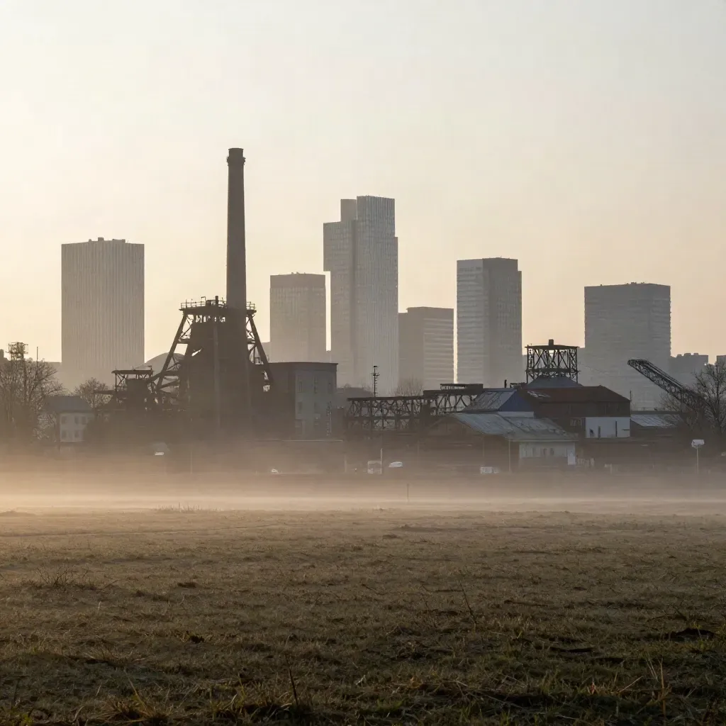 Katowice z industrialnymi sylwetkami i mgłą nad porannym, płaskim krajobrazem.