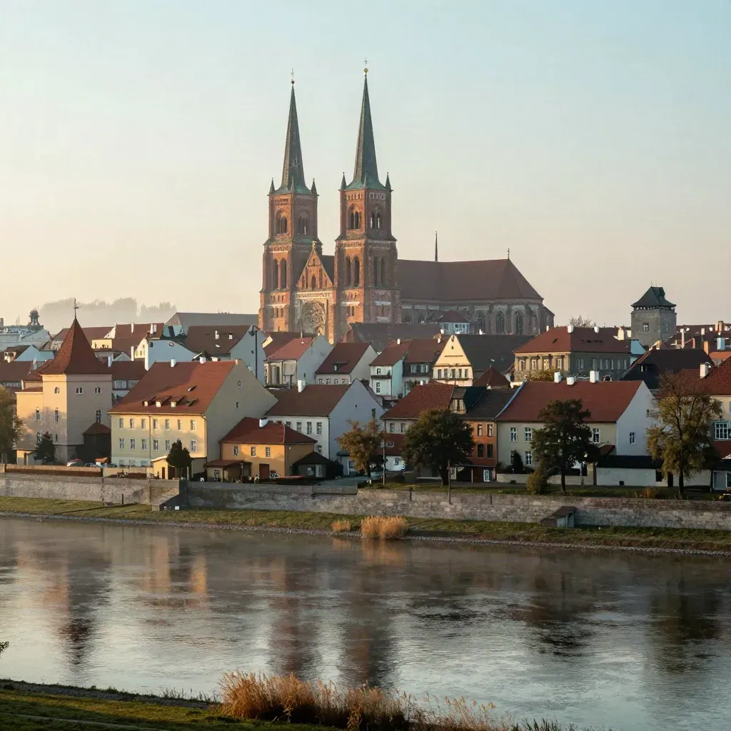 Widok katedry w Poznaniu nad Wartą o świcie, we mgle i złotym świetle.