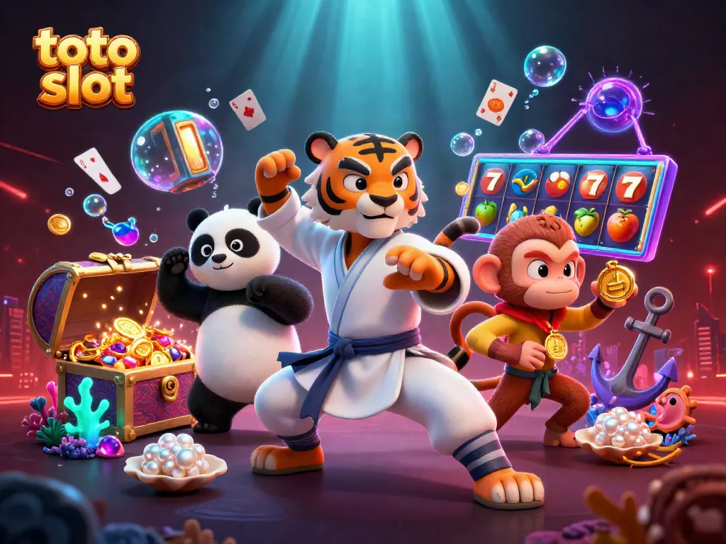 Permainan toto slot dengan karakter yang menarik, simbol keberuntungan, dan elemen kasino yang mengelilinginya.