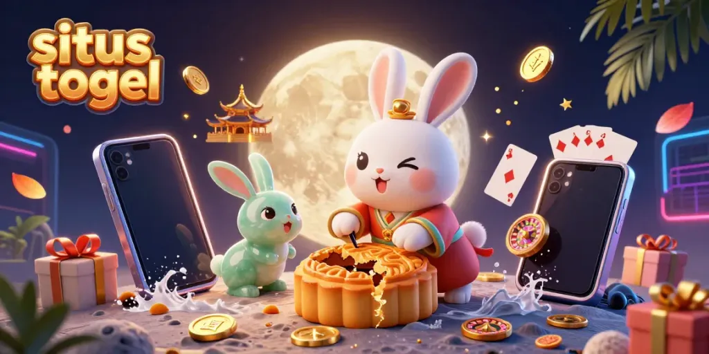 Situs togel-themed illustration showing a moon rabbit with poker chips, vibrant game elements in a rich casino atmosphere.