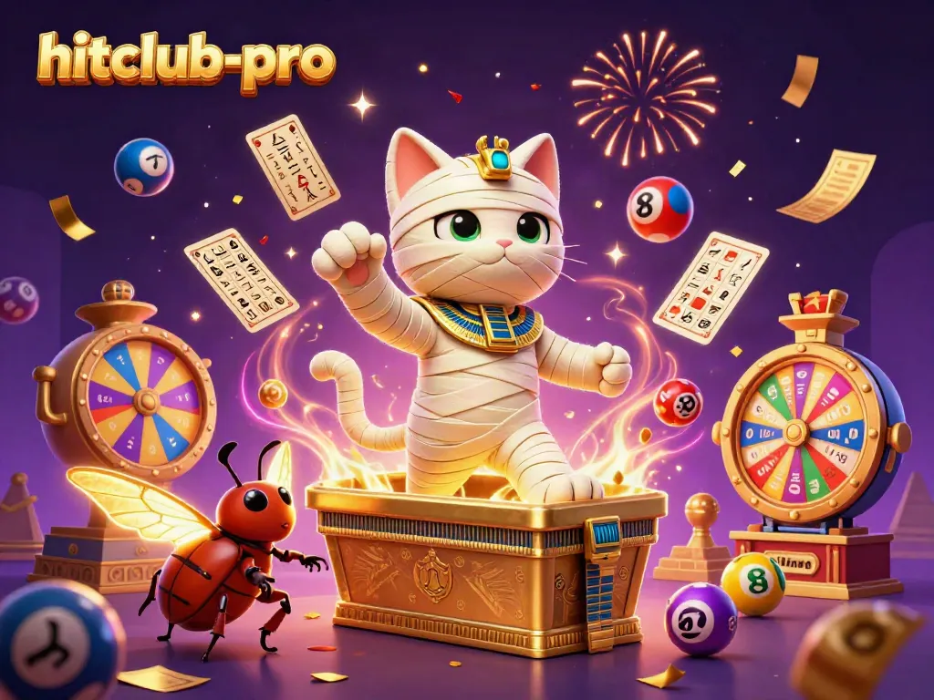 Engage with hitclub-pro's thrilling casino scene featuring a mummy cat, scarab, and vibrant game elements.