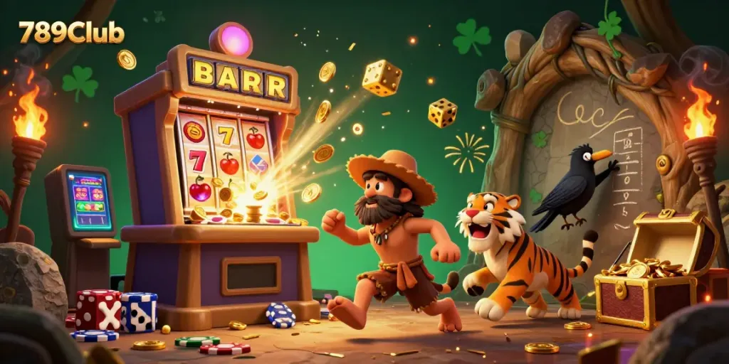 Experience thrilling gameplay at 789Club with a vibrant prehistoric casino scene featuring dynamic game elements and vibrant characters.