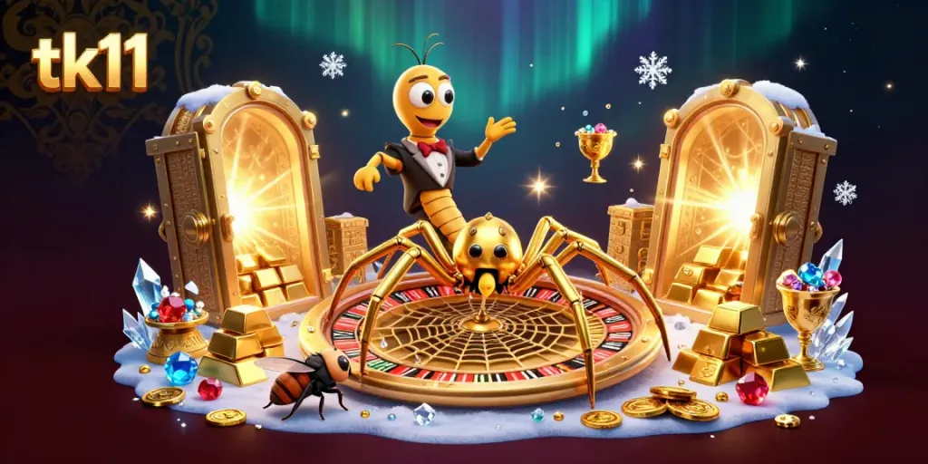 Experience the thrilling tk11 betting environment with a 3D scene featuring a golden spider and a centipede croupier surrounded by casino treasures.