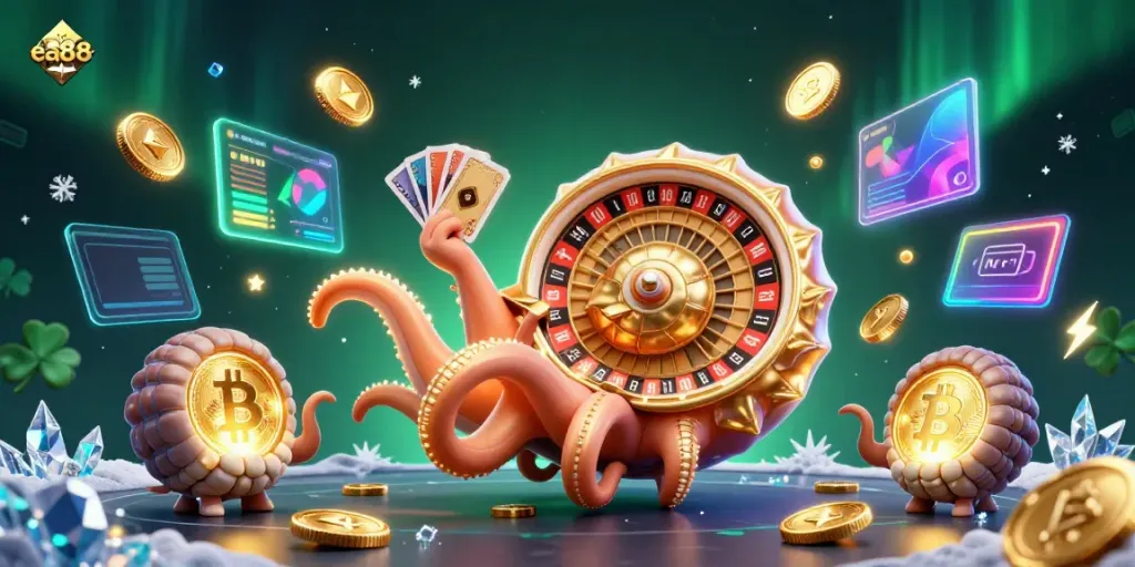 Experience the thrill of ea88 with a vibrant 3D casino scene featuring a nautilus roulette wheel and blockchain elements.