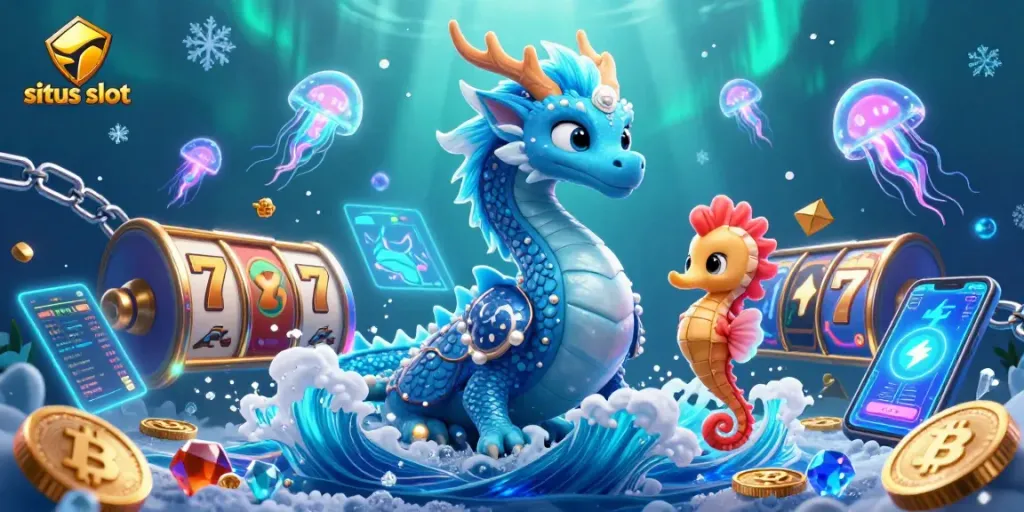 Experience the excitement of situs slot with a vibrant 3D digital illustration of a dragon and seahorse among glowing coins.