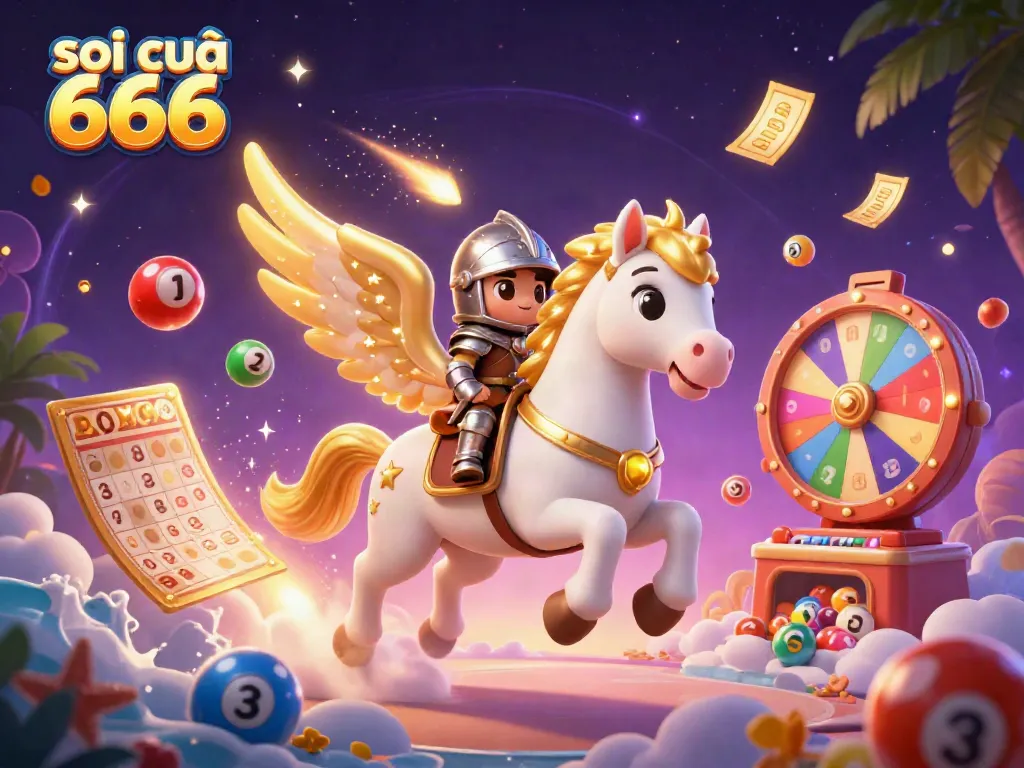 Experience thrilling lottery luck with soi cầu 666 surrounded by vibrant lottery elements and a celestial knight.